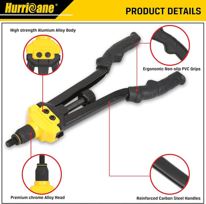 HURRICANE 16" Rivet Nut Tool Kit with Auto Release, Heavy Duty Hand Riveter-13 Metric&SAE Mandrels, 130Pcs Nutserts, Long Arm Labor-Saving Design for Automotive, Metal & Marine – Includes Plastic Case