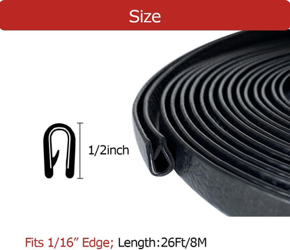 Rubber Edge Trim Black 26Feet, Fits 1/16” Edge, Flexible U Channel Rubber Seal Strip for Sharp/Rough Surfaces, Automotive, Trucks, Boats
