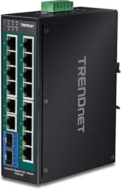 TRENDnet 16-Port Hardened Industrial Unmanaged Gigabit PoE+ DIN-Rail Switch; TI-PG162; 14 x Gigabit Ports; 2 x Gigabit SFP Slots; 32Gbps; IP30 Gigabit Network Ethernet Switch; Lifetime Protection