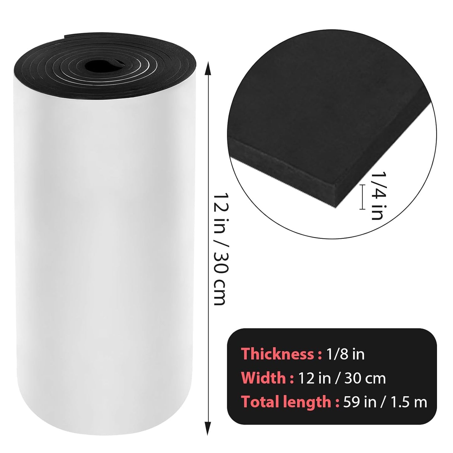 Self Adhesive Foam Rubber Sheets Sponge Neoprene with Adhesive Closed Cell Neoprene Rubber Roll Foam Padding for Shock Pad, DIY, Crafts (Black, 12 Inch x 59 Inch x 1/4 Inch)