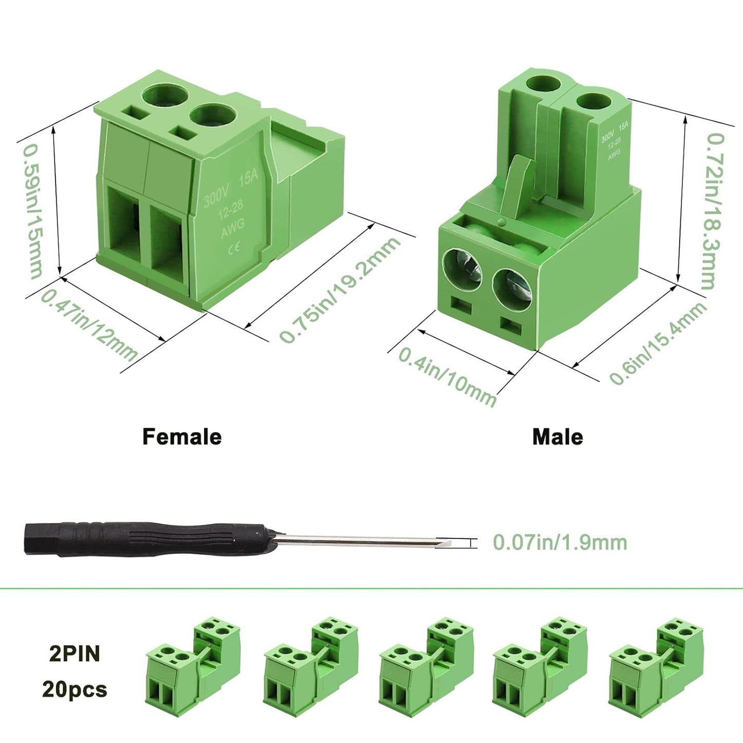 16Pcs 2 Pin Screw Terminal Block Connector 5.08mm Pitch Pluggable with 2 Pin Phoenix Plug 300V 15A for 28-12AWG Cable