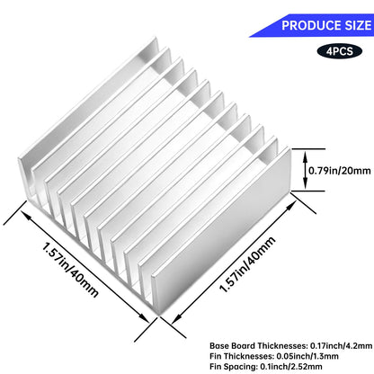 4PCS Aluminum Heat Sink 40x40x20mm / 1.57"x1.57"x0.79" with Thermal Conductive Adhesive, Designed for Cooling 3D Printers, Electronic modules, CPU, LED Power Supplies and Active Components.