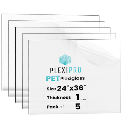24"x36", 1mm, (Pack of 5) Flexible Plexiglass Sheets, Transparent & Shatter-Resistant Clear PET Sheets for DIY Arts & Crafts, Frames, Decor, Table Protectors & Signage, Easy to Cut & Shape