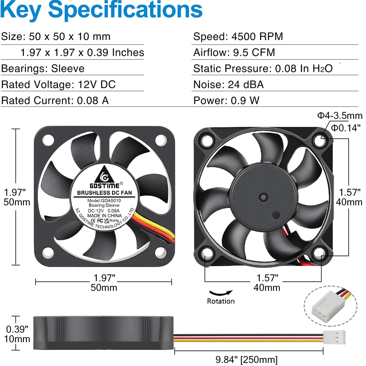 GDSTIME 50mm Fan 3 Pin, 12V 50x50x10mm Mini DC Brushless Cooling Fan Replacement for CPU Heatsink, Northbridge Cooler (2 Pack)