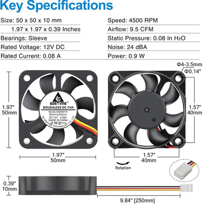 GDSTIME 50mm Fan 3 Pin, 12V 50x50x10mm Mini DC Brushless Cooling Fan Replacement for CPU Heatsink, Northbridge Cooler (2 Pack)