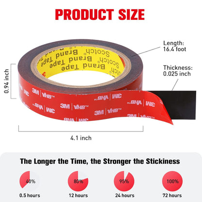 Double Sided Tape Heavy Duty, Adhesive Mounting Tape Waterproof, 16.4 FT x 0.94 IN, Strong Foam Tape for Walls, Automotive, Home Office Decor, Made of 3M VHB Tape (Pack of 1)