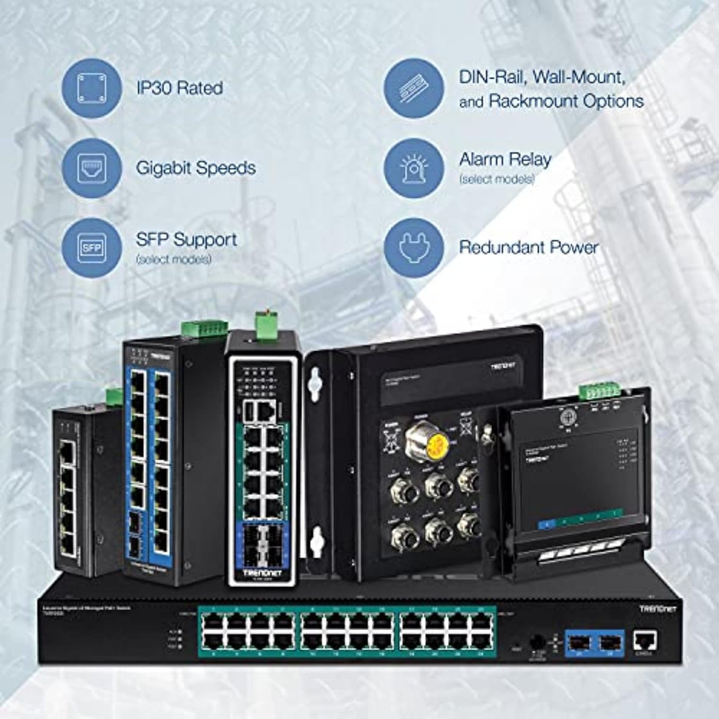 TRENDnet 16-Port Hardened Industrial Unmanaged Gigabit PoE+ DIN-Rail Switch; TI-PG162; 14 x Gigabit Ports; 2 x Gigabit SFP Slots; 32Gbps; IP30 Gigabit Network Ethernet Switch; Lifetime Protection