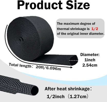 Heat Shrink Wire Loom, 20FT-1 Inch 2:1 Braided Cable Sleeving Nylon Fabric Tubing Abrasion Protection for Managing Wires, Cables, Hoses