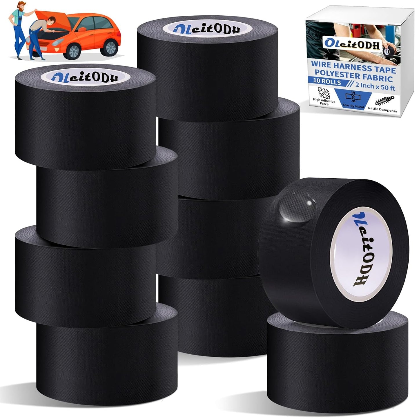 Oleitodh 10 Rolls Wire Harness Tape 2 Inch x 50 FT Polyester Fabric High Temp Wire Cable Loom Self-Adhesive Abrasion Resistance Electrical Tape for Car Engine, Wiring Harness and Insulation