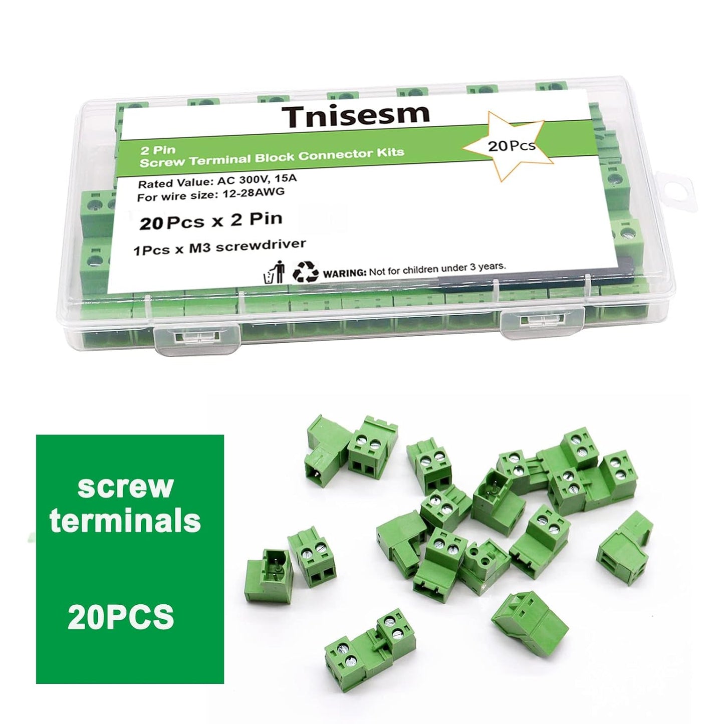 16Pcs 2 Pin Screw Terminal Block Connector 5.08mm Pitch Pluggable with 2 Pin Phoenix Plug 300V 15A for 28-12AWG Cable