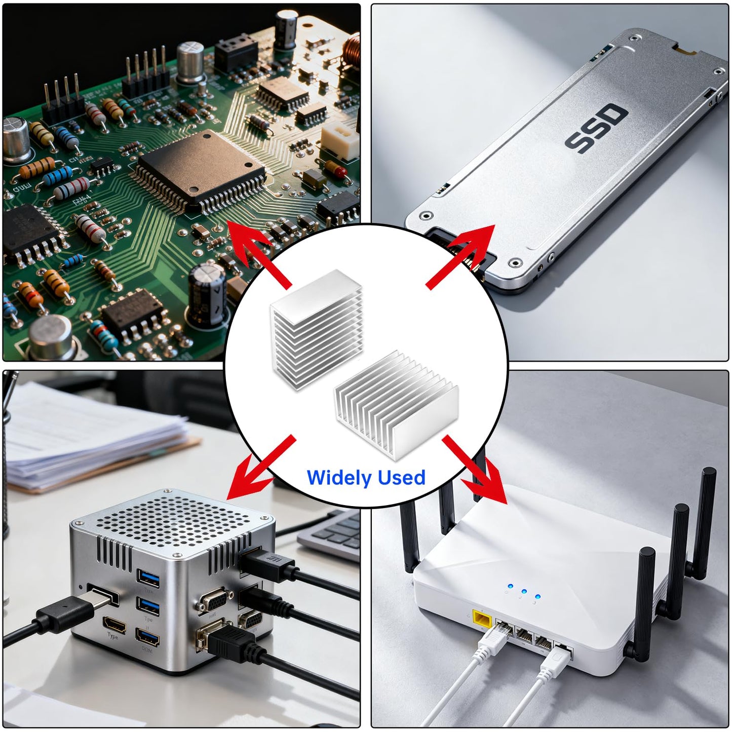 4PCS Aluminum Heat Sink 40x40x20mm / 1.57"x1.57"x0.79" with Thermal Conductive Adhesive, Designed for Cooling 3D Printers, Electronic modules, CPU, LED Power Supplies and Active Components.