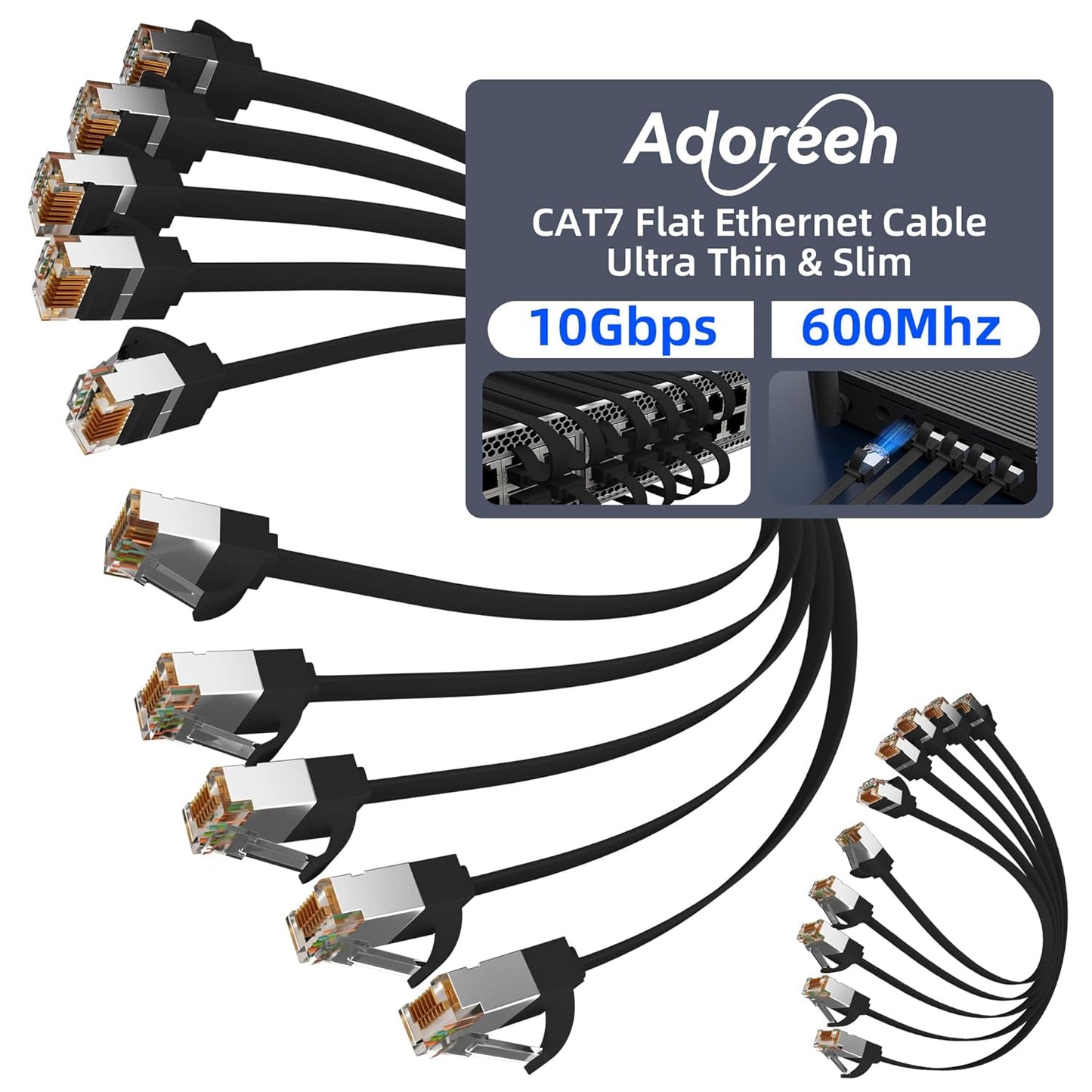 Adoreen Cat 7 Flat Ethernet Cable 1.5 Ft/10 Pack, High-Speed Shielded Internet Network Cable with Low Profile&Compact RJ45 Connector, Thin Slim Short Cat 6E 6A Patch Cord,S/FTP,POE,10Gbps 600MHZ,Black