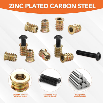 120 Pcs 60 Sets 1/4-20 x 15mm Threaded Inserts for Wood Furniture Screw Threaded Wood Inserts 1/4-20 x 3/4", 1/4"-20 x 1-1/4" Bolts and Nuts