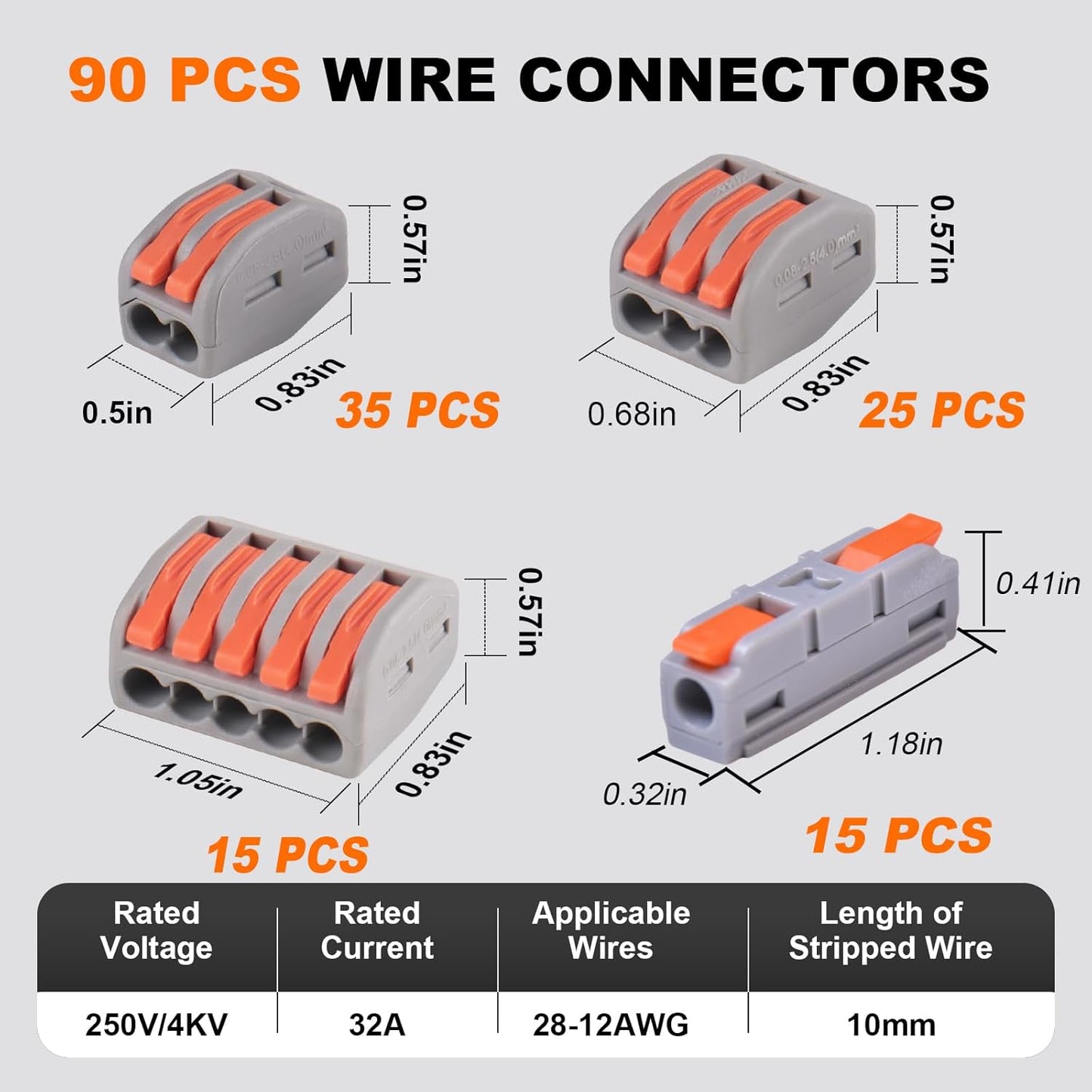 90PCS AVARBUVO Lever Wire Connectors, Quick Wire Splice Connectors Push-in, 2/3/5 Conductor Combination Kit with 1 in 1 Out Inline Terminals, 28-12 AWG