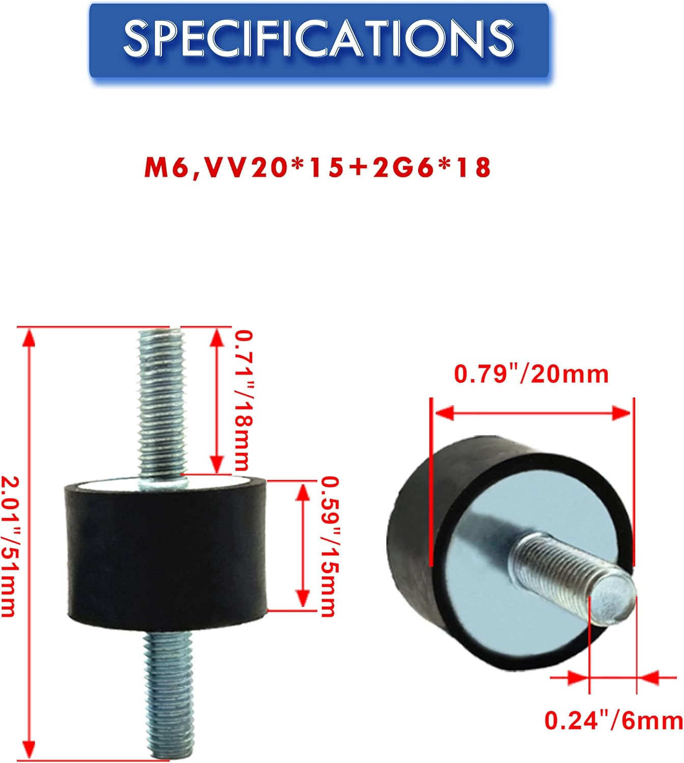 4 Pcs M6 20 x 15 mm Rubber Isolator Mounts Double Studs Shock Absorber with 8 Pcs Locknuts, Cylindrical Anti Vibration Isolation Damping Mounts for Compressors Pumps Generators Motor Engines