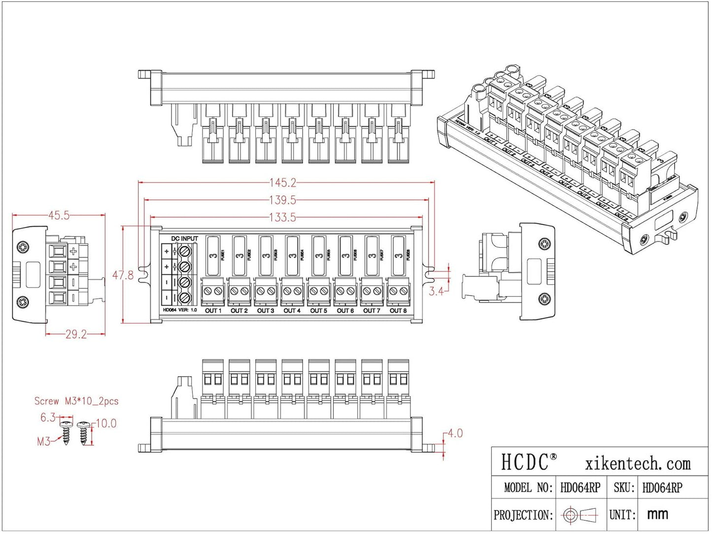 Screw Mount DC 5-32V 8 Channel Pluggable Side Wiring Terminal Block Power Distribution Fuse Module, HCDC HD064RP