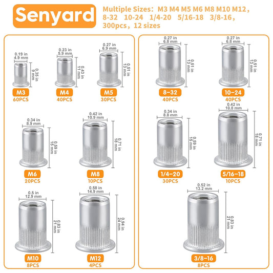 Metric & SAE Rivet Nuts Assortment kit, 300 Pcs Stainless Steel Rivet Nuts kit, M3 M4 M5 M6 M8 M10 M12#8-32#10-24 1/4"-20 5/16"-18 3/8"-16 Stainless Rivet nut rivnuts
