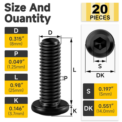 Mywish M8 x 25mm 20Pcs Flat Head Hex Socket Cap Screws Bolts, 304 Stainless Steel Furniture Bolts Full Thread, Black Oxide & Hex Spanner