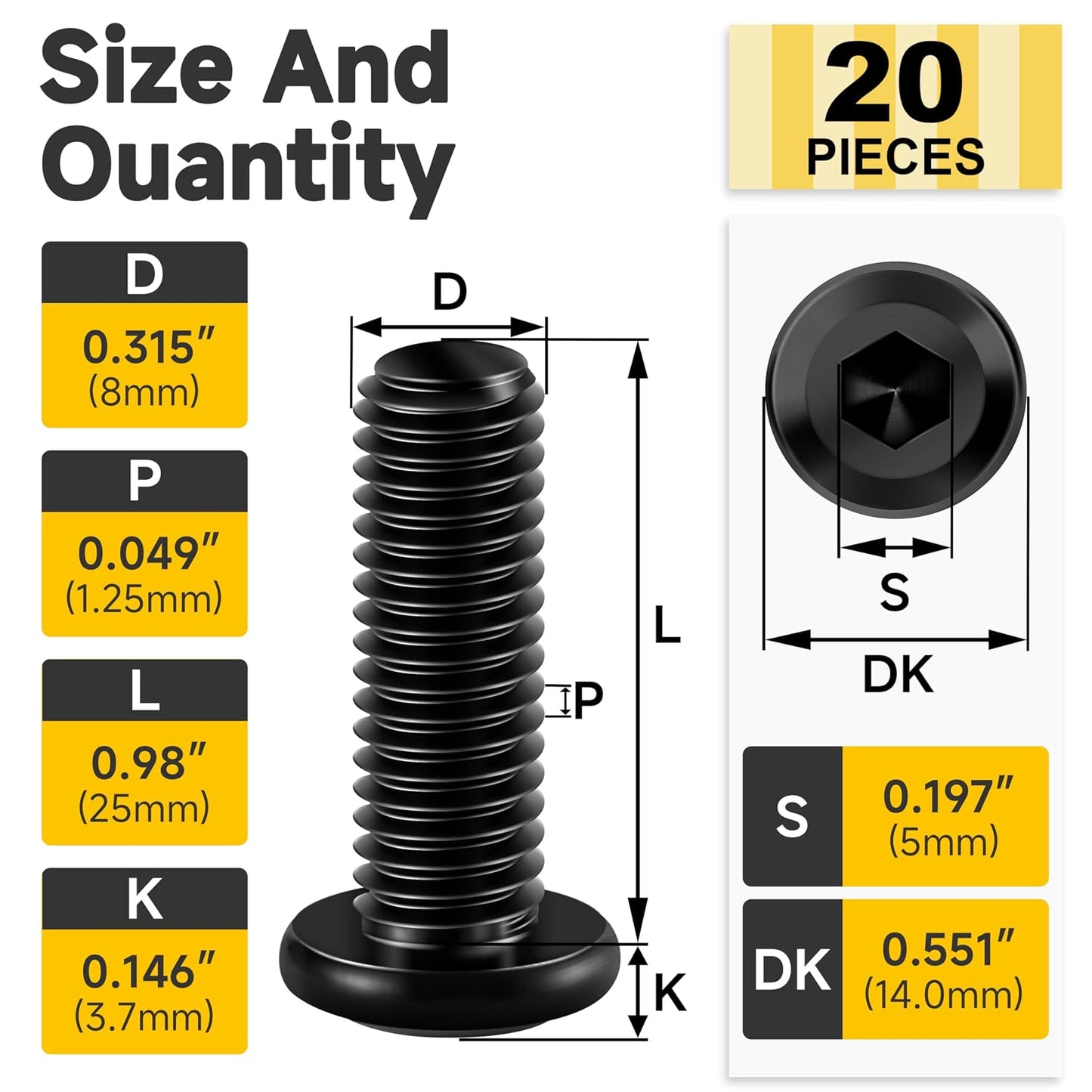 Mywish M8 x 16mm 20Pcs Flat Head Hex Socket Cap Screws Bolts, 304 Stainless Steel Furniture Bolts Full Thread, Black Oxide & Hex Spanner
