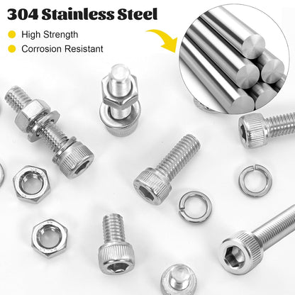 960pcs M2.5 Screws with Nuts Assortment kit, M2.5x4/6/8/10/12/16/20/25 mm 304 Stainless Steel Hex Socket Head Bolts with Flat & Lock Washers Assorted Set