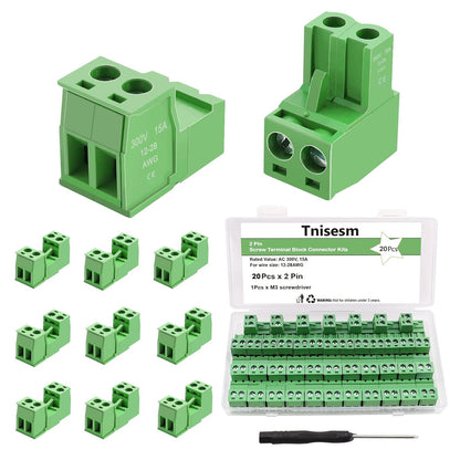 16Pcs 2 Pin Screw Terminal Block Connector 5.08mm Pitch Pluggable with 2 Pin Phoenix Plug 300V 15A for 28-12AWG Cable