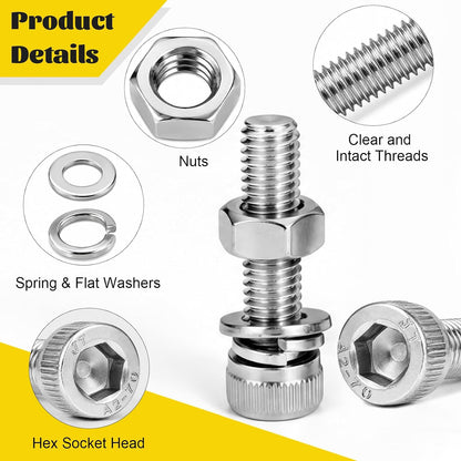 960pcs M2.5 Screws with Nuts Assortment kit, M2.5x4/6/8/10/12/16/20/25 mm 304 Stainless Steel Hex Socket Head Bolts with Flat & Lock Washers Assorted Set