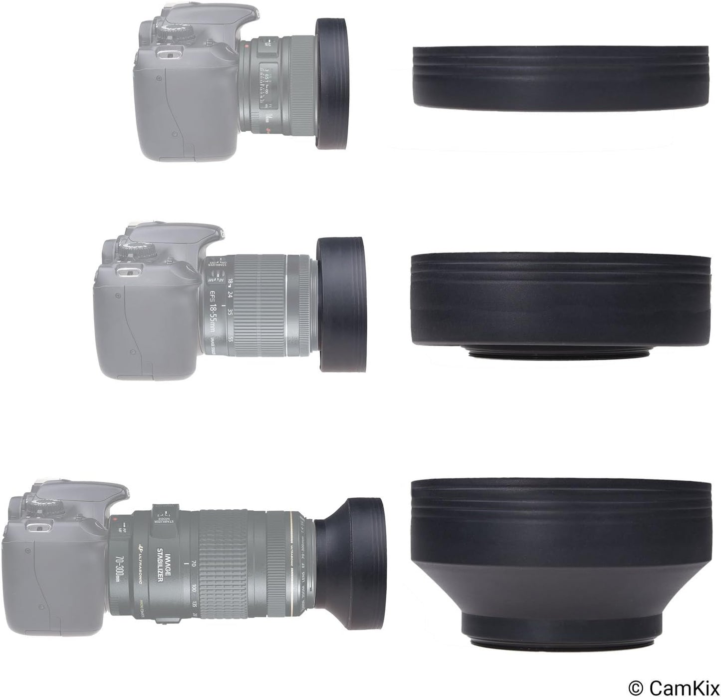 CAMKIX Camera Lens Hood 52mm - Rubber - Set of 2 - Collapsible in 3 Steps - Sun Shade/Shield - Reduces Lens Flare and Glare - Blocks Excess Sunlight for Enhanced Photography and Video Footage