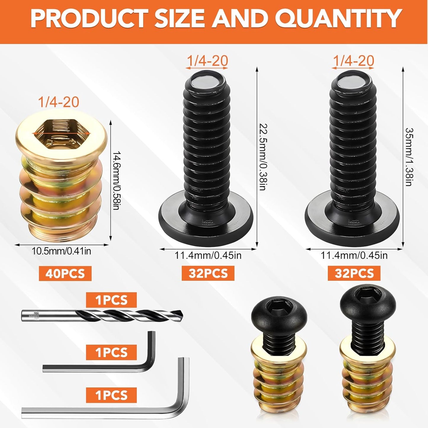 120 Pcs 60 Sets 1/4-20 x 15mm Threaded Inserts for Wood Furniture Screw Threaded Wood Inserts 1/4-20 x 3/4", 1/4"-20 x 1-1/4" Bolts and Nuts