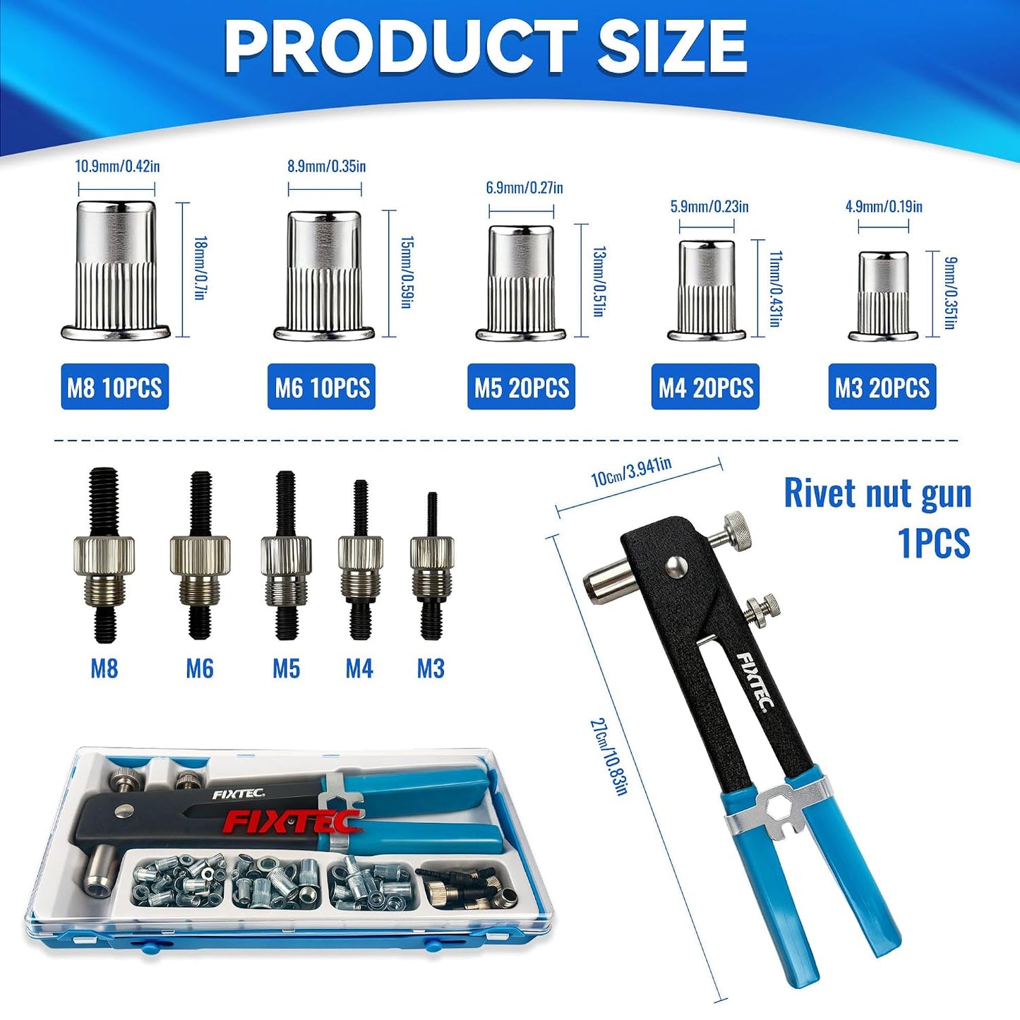 Rivet Nut Tool Kit, 86PCS Hand Rivet Nut Gun Set with 5 Metric Mandrels (M3, M4, M5, M6, M8) and 80 Rivet Nuts, 11" Nutsert Tool