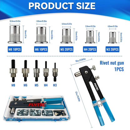 Rivet Nut Tool Kit, 86PCS Hand Rivet Nut Gun Set with 5 Metric Mandrels (M3, M4, M5, M6, M8) and 80 Rivet Nuts, 11" Nutsert Tool