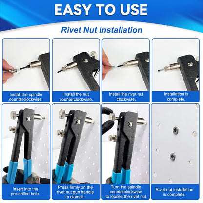 Rivet Nut Tool Kit, 86PCS Hand Rivet Nut Gun Set with 5 Metric Mandrels (M3, M4, M5, M6, M8) and 80 Rivet Nuts, 11" Nutsert Tool
