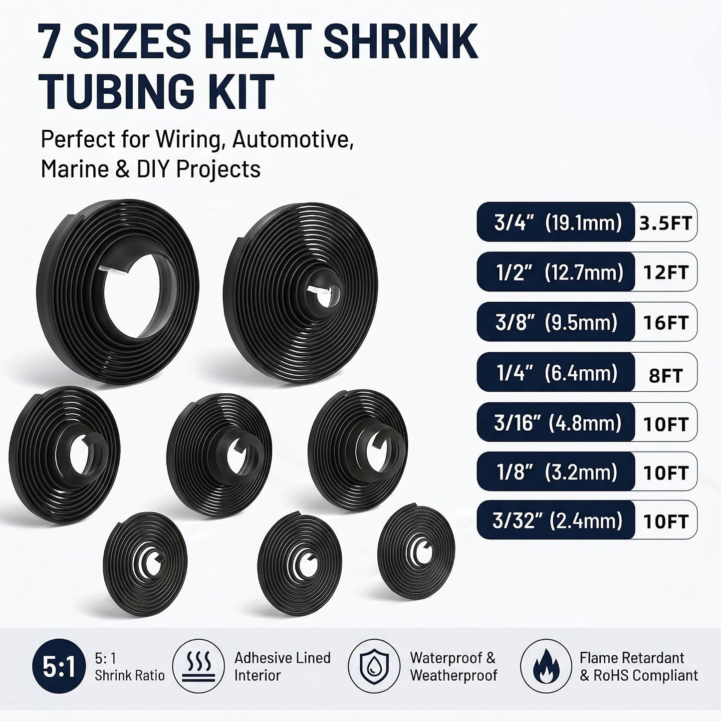 7-Size Heat Shrink Tubing Roll Kit: 5:1 Adhesive Lined, 69.5 Ft Marine Grade Waterproof, Insulated Sealed, Oil-Proof & Wear-Resistant, for Home Use & Industrial Applications (Black)
