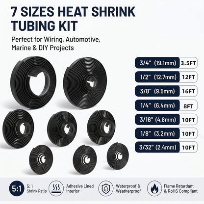 7-Size Heat Shrink Tubing Roll Kit: 5:1 Adhesive Lined, 69.5 Ft Marine Grade Waterproof, Insulated Sealed, Oil-Proof & Wear-Resistant, for Home Use & Industrial Applications (Black)