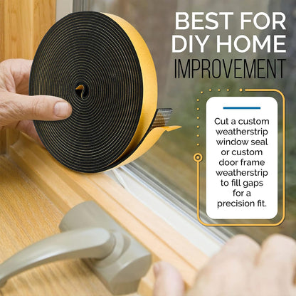High Density Foam Weather Stripping Door Seal Strip Insulation Tape Roll for Insulating Door Frame, Window, Air Conditioner | Self Adhesive Sealing Weatherstrip (Black, 1/4 in 1/8 in 50 Ft)