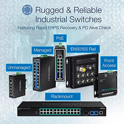 TRENDnet 16-Port Hardened Industrial Unmanaged Gigabit PoE+ DIN-Rail Switch; TI-PG162; 14 x Gigabit Ports; 2 x Gigabit SFP Slots; 32Gbps; IP30 Gigabit Network Ethernet Switch; Lifetime Protection